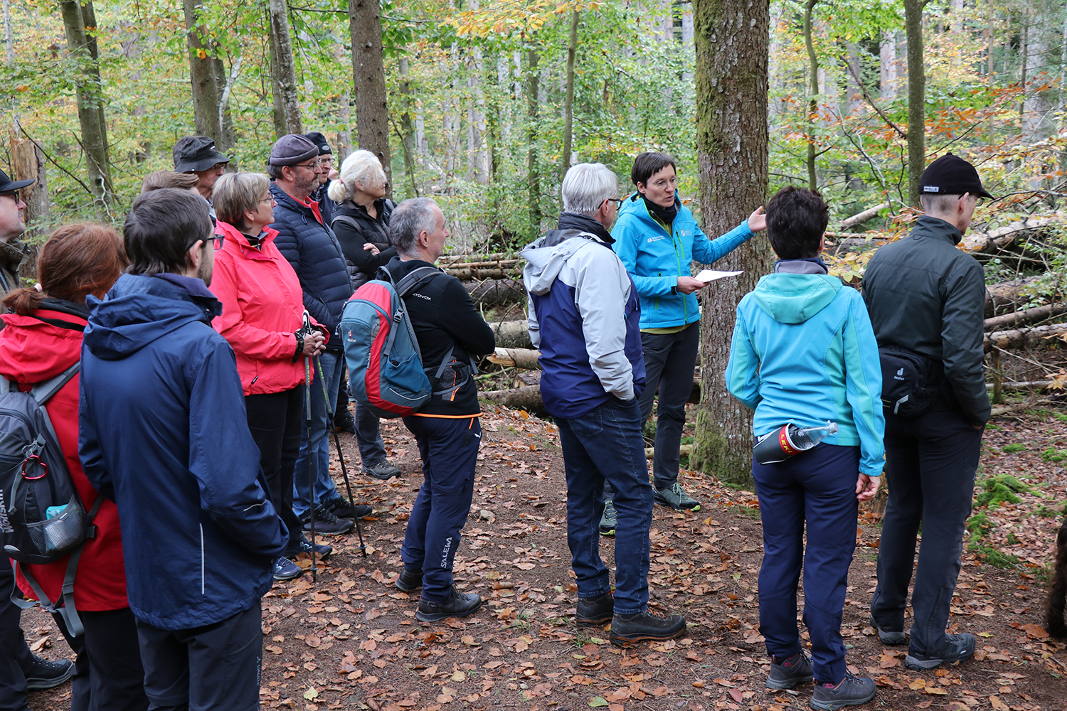   (Nationalparkleiterin Ursula Schuster gab den Teilnehmern der Führung nicht nur Einblicke in verschiedene Stadien der Waldentwicklung, sie stand bei Fragen auch Rede und Antwort, beispielweise zum Borkenkäfer- oder Wildtiermanagement. Foto: Nationalpark Bayerischer Wald)